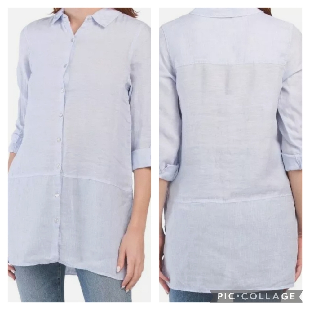 Tahari Light Blue 100% Linen Tunic Blouse Size L